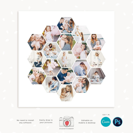 Honeycomb collage template, Canva, Honeycomb photo collage template, Hexagon shape photo collage, 12x12, 16x16, 20x20, 24x24" & more