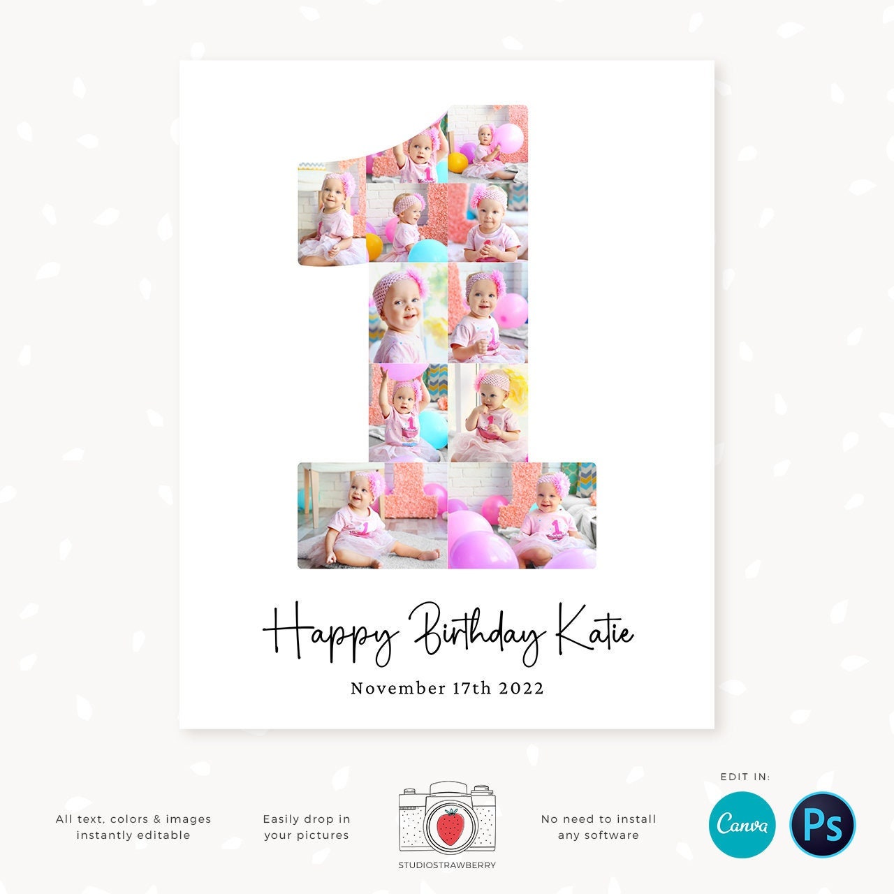 First birthday poster digital download, Number photo collage template, Number one, First Birthday collage, Canva, Photoshop, 16x20, 8x10