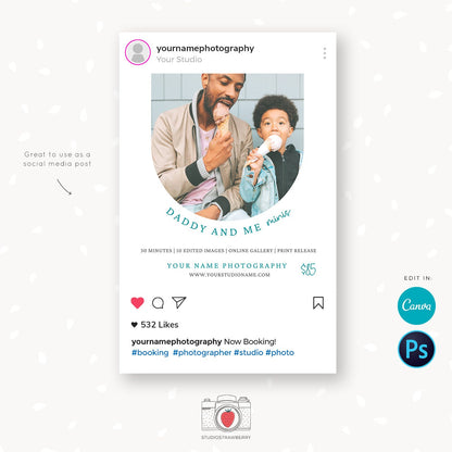 Daddy and Me Mini Session Template, Canva, Photoshop, Fathers day mini session template, Fathers Day Mini Sessions, Daddy and me, Dad and me