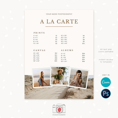 Pricing template for photographers, pricing guide photography template, price list template, photographer pricing package list, Canva, PS