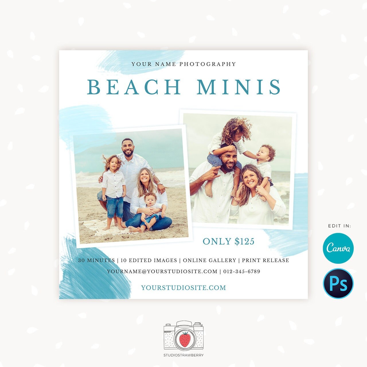 Beach Mini Sessions Template, Canva, Photoshop, Beach mini session template, Beach minis, Beach photo sessions, Summer sessions, Editable
