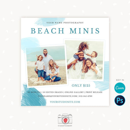 Beach Mini Sessions Template, Canva, Photoshop, Beach mini session template, Beach minis, Beach photo sessions, Summer sessions, Editable