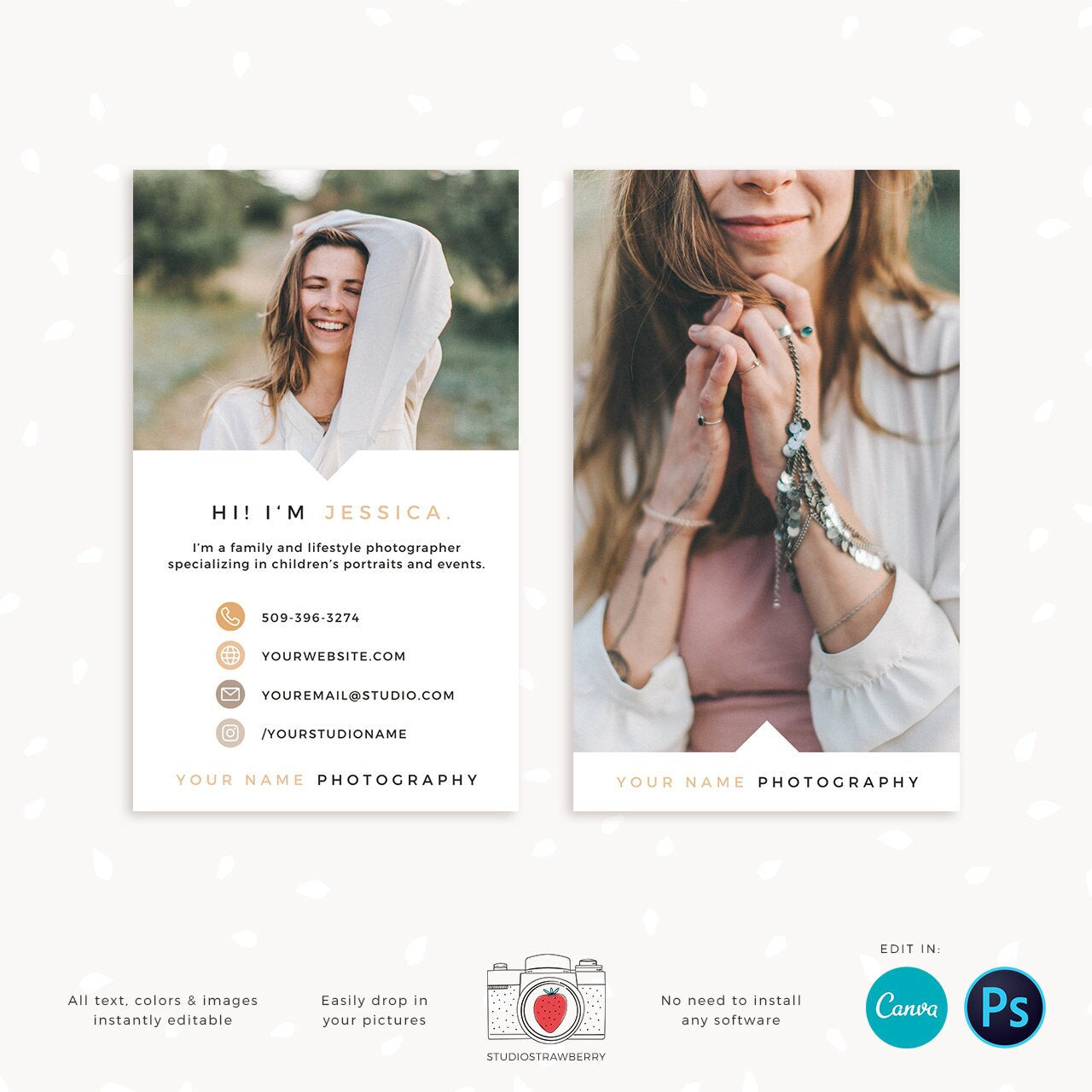 Photography Business Card Template, Vertical Business Card, Canva, Photoshop, Photo Business Cards, Social Contact, Photography Marketing