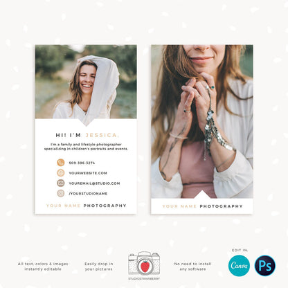 Photography Business Card Template, Vertical Business Card, Canva, Photoshop, Photo Business Cards, Social Contact, Photography Marketing
