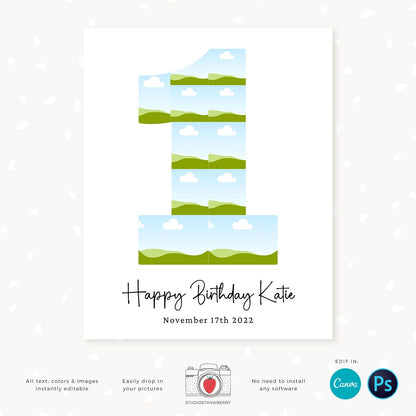 First birthday poster digital download, Number photo collage template, Number one, First Birthday collage, Canva, Photoshop, 16x20, 8x10