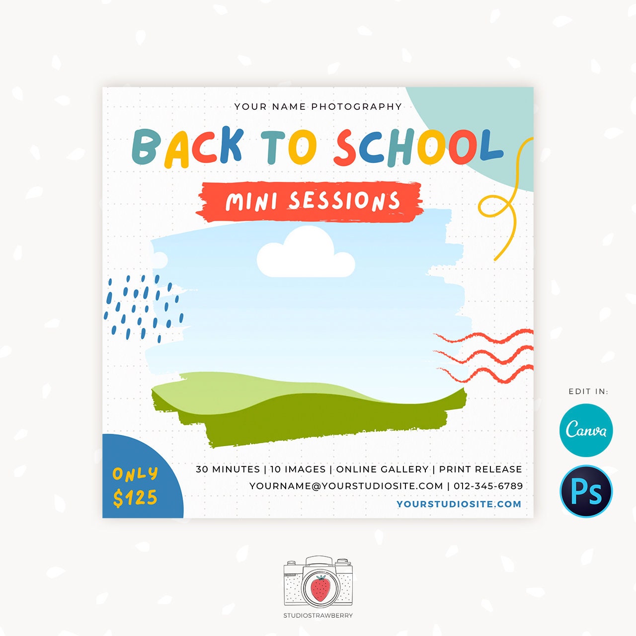 Back to school mini session template, School Photography Template, Kids Photography Template, Photography marketing templates, Canva, Insta