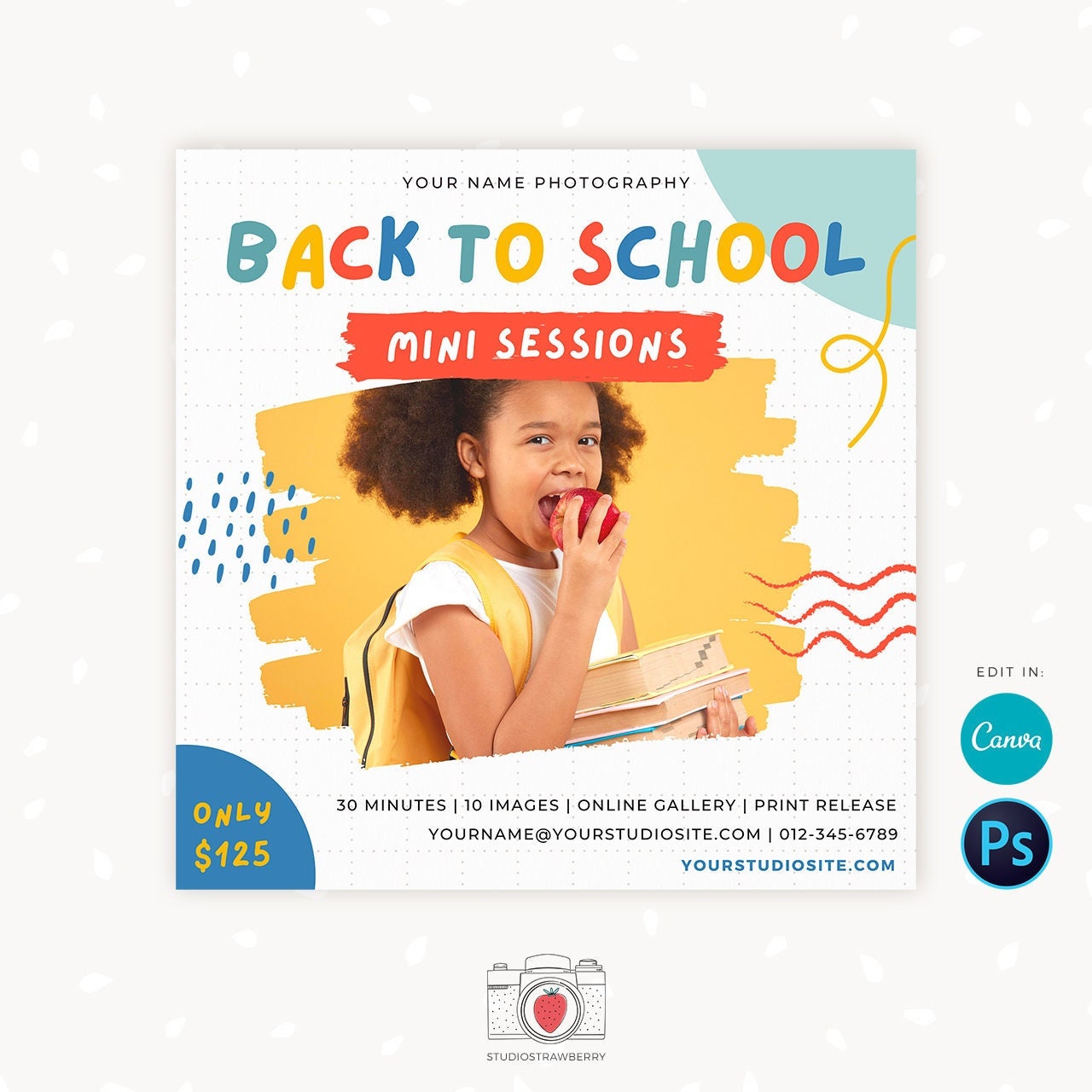 Back to school mini session template, School Photography Template, Kids Photography Template, Photography marketing templates, Canva, Insta