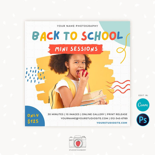 Back to school mini session template, School Photography Template, Kids Photography Template, Photography marketing templates, Canva, Insta