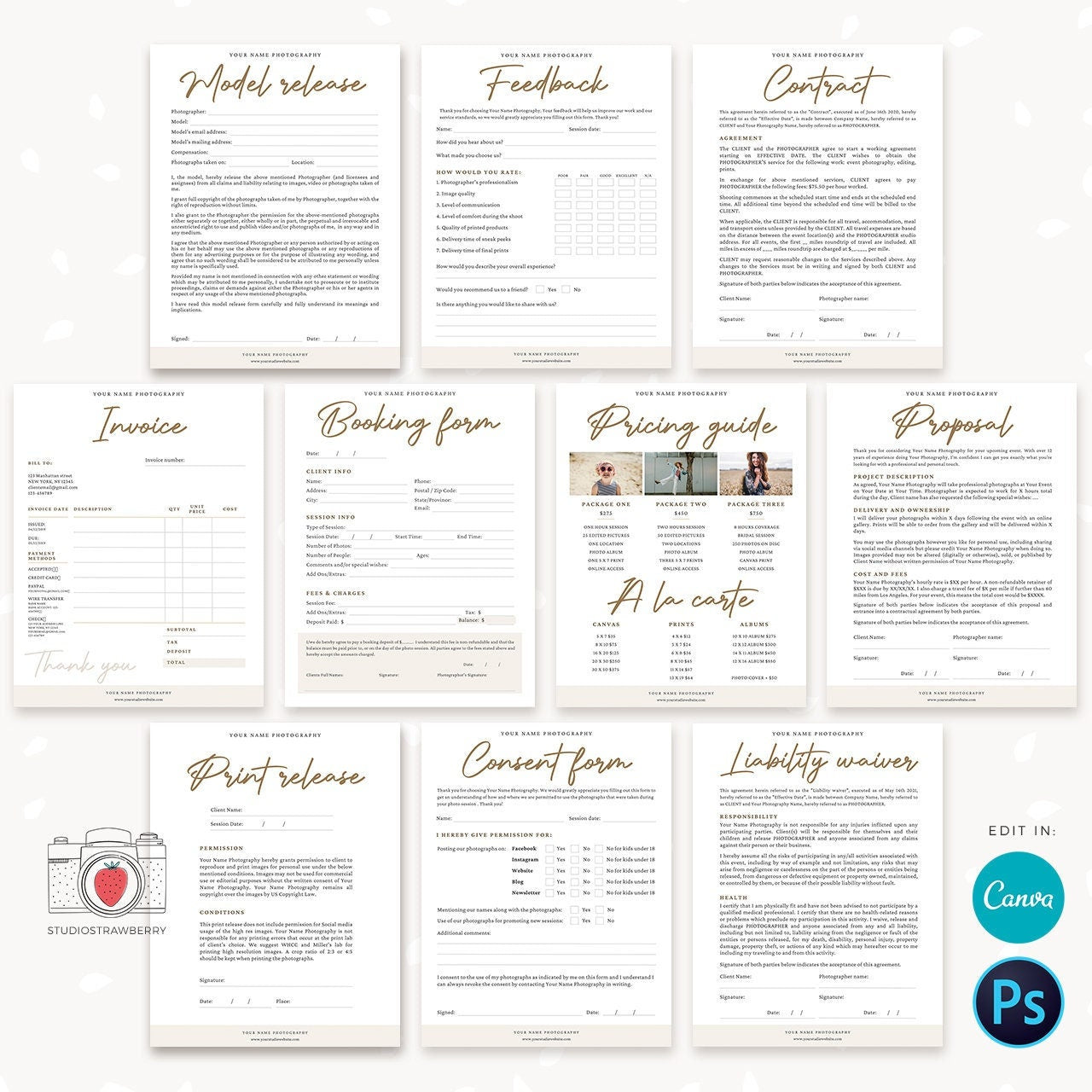 Photography Business Forms Bundle, Photography Forms Template Set, Canva, Photoshop, Photography contract bundle, Photographer forms digital