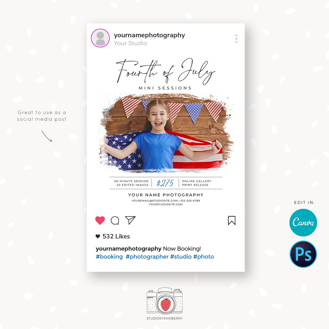 Fourth of July Mini Sessions Template, 4th of July, Independence Day Marketing Board, Mini Session Photoshop, Patriotic, Canva, Photoshop