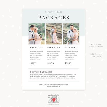 Pricing template for photographers, pricing guide wedding photography template, price list template, photographer pricing package list