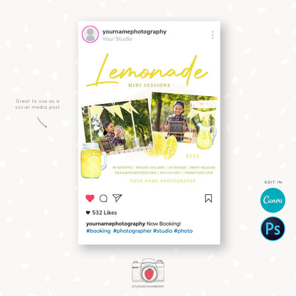Lemonade Mini Sessions Template, Canva, Photoshop, Lemonade mini session template, Lemonade Mini Sessions, Lemonade stand, Lemons