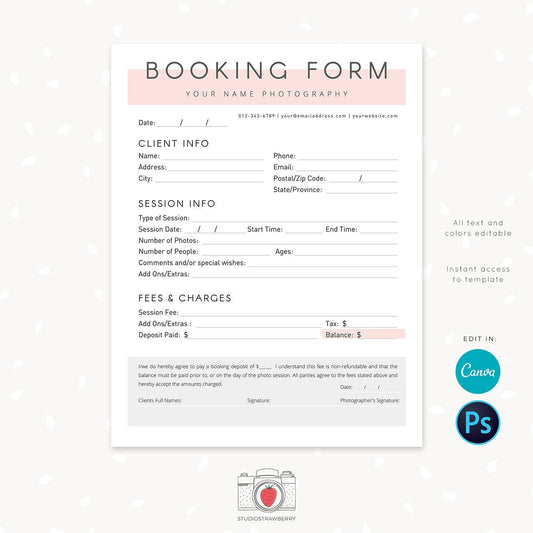 Photography Forms, Client Booking Form For Photographer, Form Templates for Photographers, Photography Contract, Sign up form template Canva