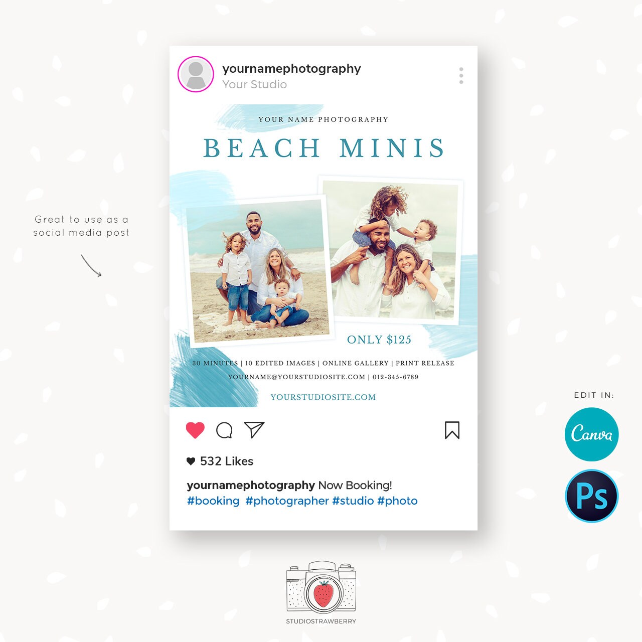 Beach Mini Sessions Template, Canva, Photoshop, Beach mini session template, Beach minis, Beach photo sessions, Summer sessions, Editable