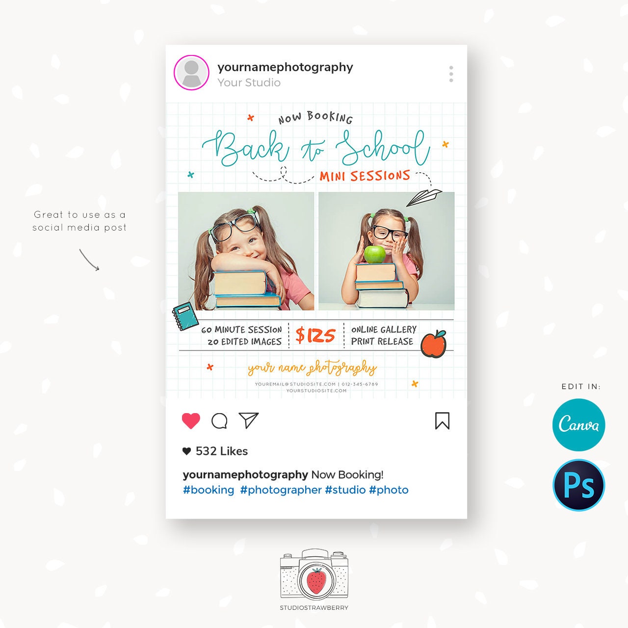 Back to school mini session template, School Photography Template, Kids Photography Template, Photography marketing templates, Canva, Insta