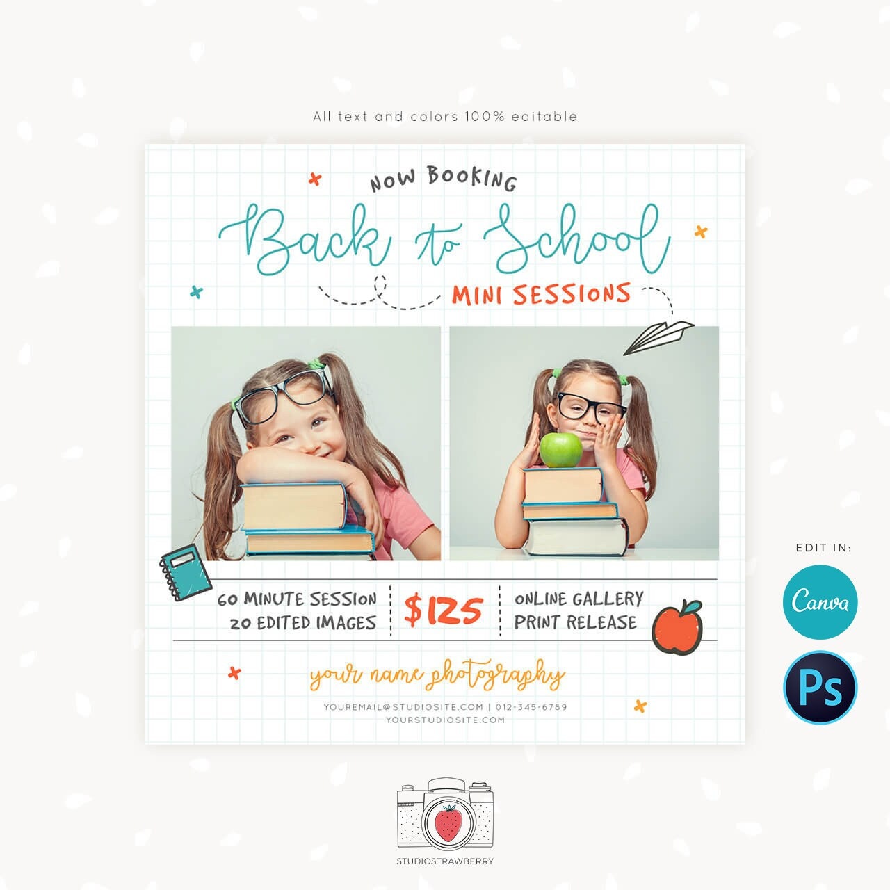 Back to school mini session template, School Photography Template, Kids Photography Template, Photography marketing templates, Canva, Insta