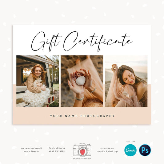 Photography gift certificate template, Photography gift card template, Photo Gift Cards, Photography Gift Certificate, Canva, Photoshop