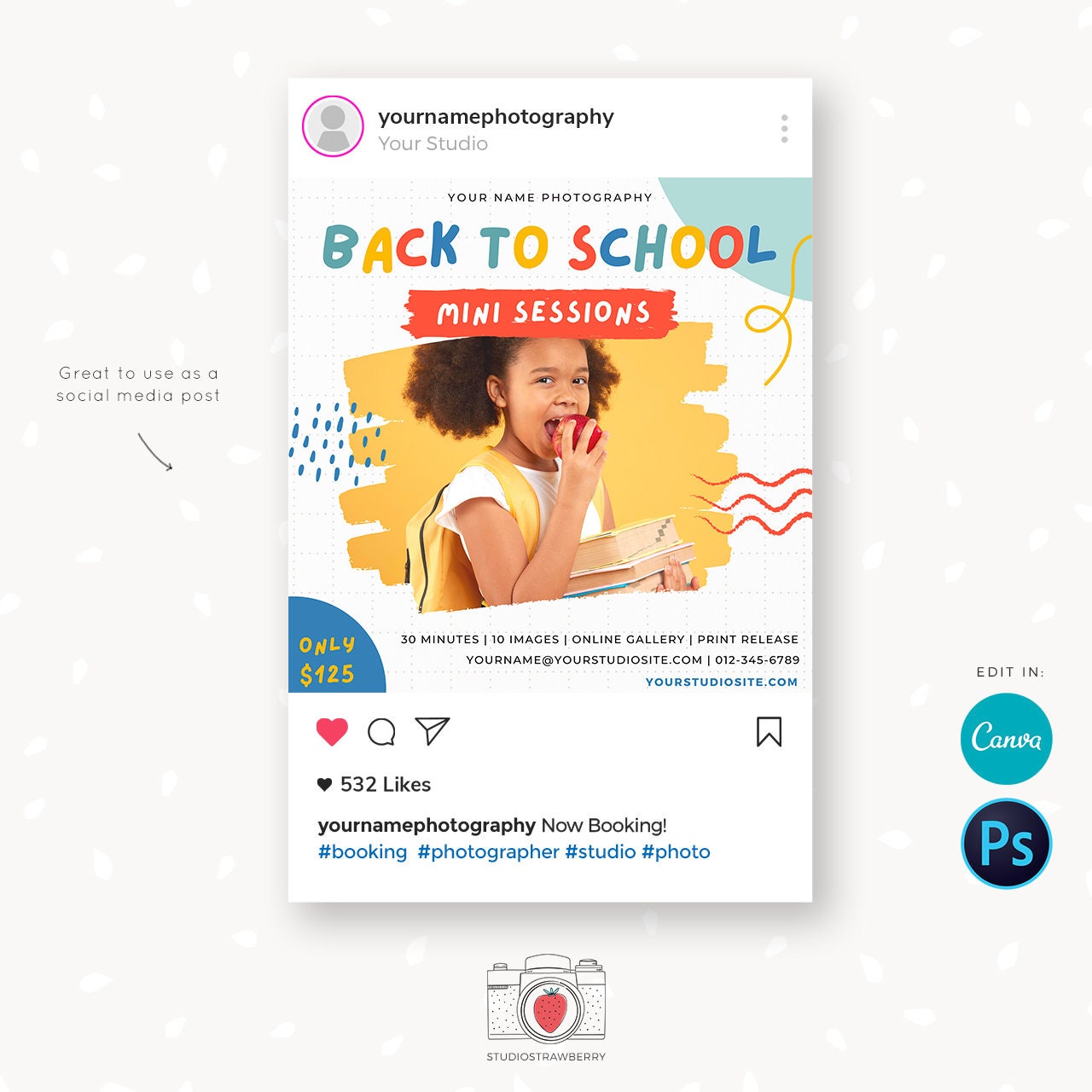 Back to school mini session template, School Photography Template, Kids Photography Template, Photography marketing templates, Canva, Insta