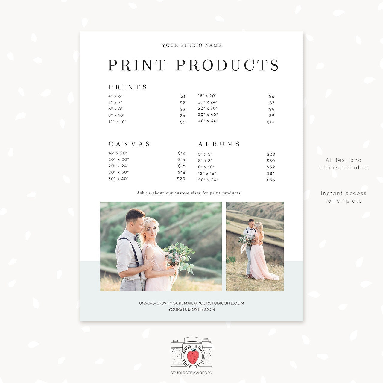 Pricing template for photographers, pricing guide wedding photography template, price list template, photographer pricing package list