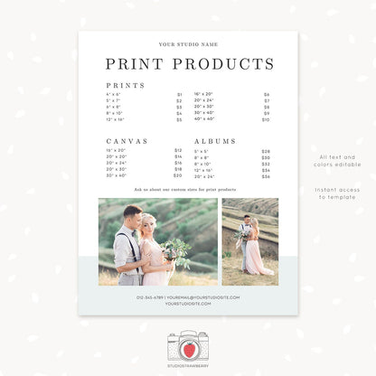 Pricing template for photographers, pricing guide wedding photography template, price list template, photographer pricing package list