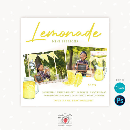 Lemonade Mini Sessions Template, Canva, Photoshop, Lemonade mini session template, Lemonade Mini Sessions, Lemonade stand, Lemons