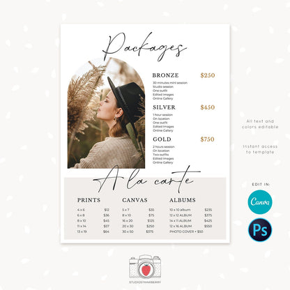 Senior Pricing guide template for photographers, Senior Graduate Photography Pricing List, Photographer Price List Template, Packages prints