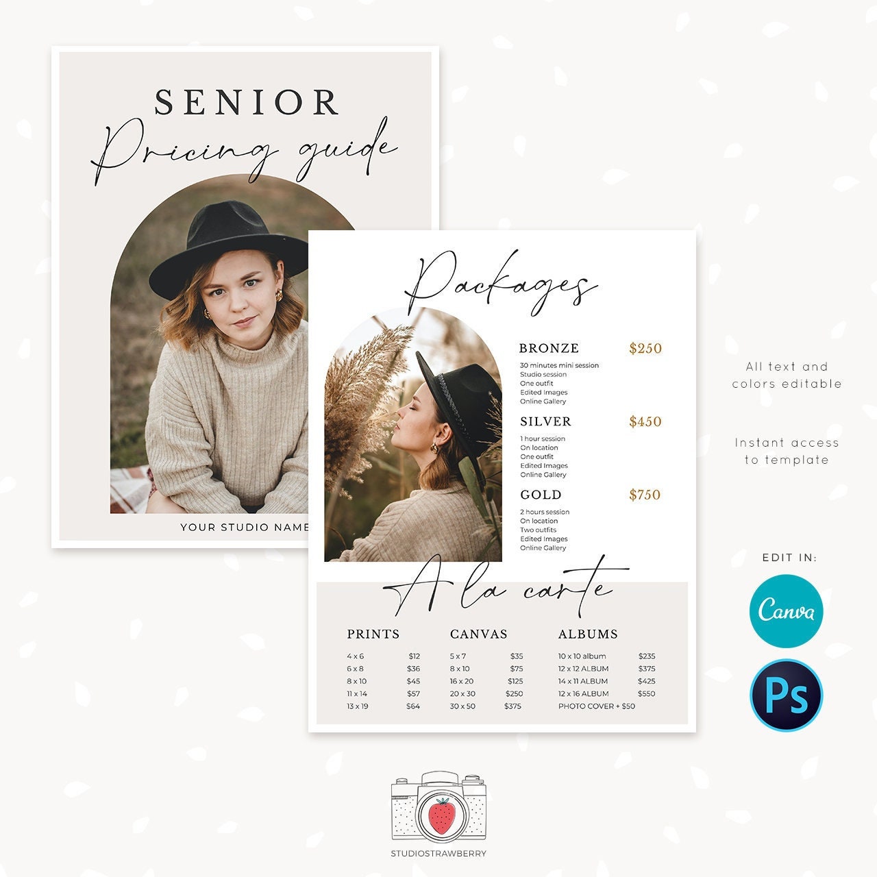 Senior Pricing guide template for photographers, Senior Graduate Photography Pricing List, Photographer Price List Template, Packages prints