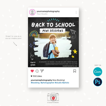 Back to school mini session template, Chalkboard School Photography Template, Kids Photography Template, Photography marketing, Canva, Insta
