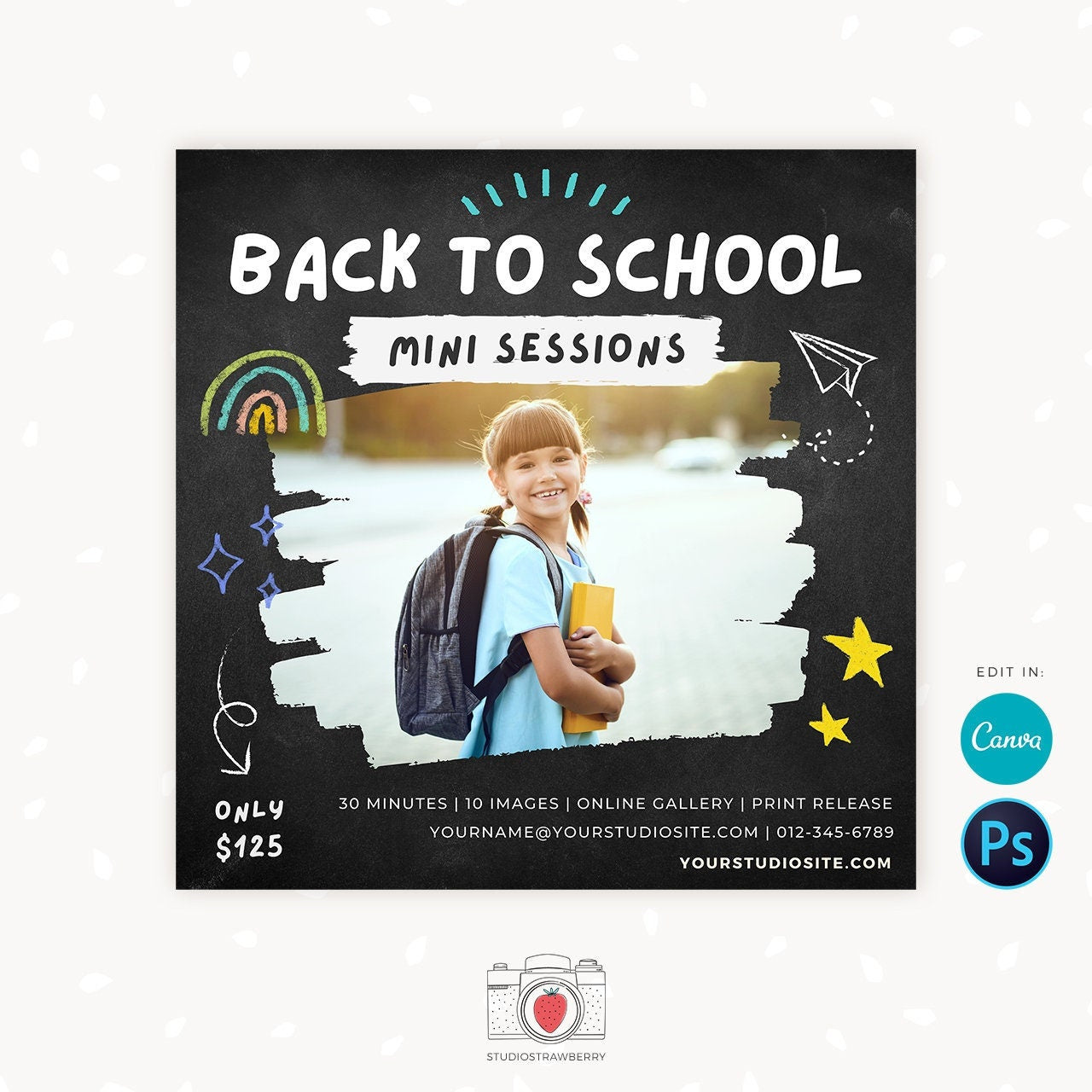 Back to school mini session template, Chalkboard School Photography Template, Kids Photography Template, Photography marketing, Canva, Insta