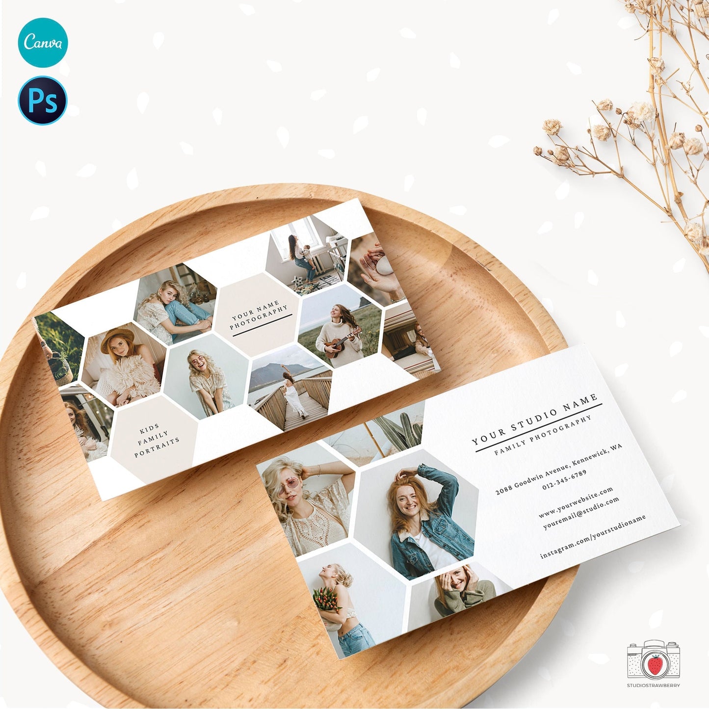 Photography Business Card Template, Honeycomb Business Card, Canva, Photoshop, Photo Business Cards, Social Contact, Photography Marketing