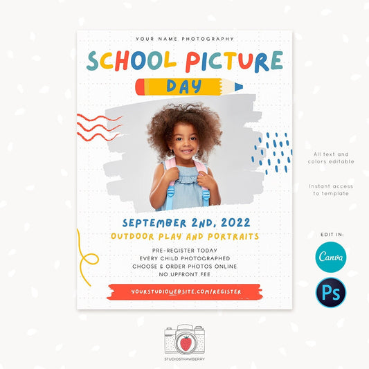 School picture day template, School photo day, School picture flyer, School picture day flyer, School picture day display board, Canva, PS