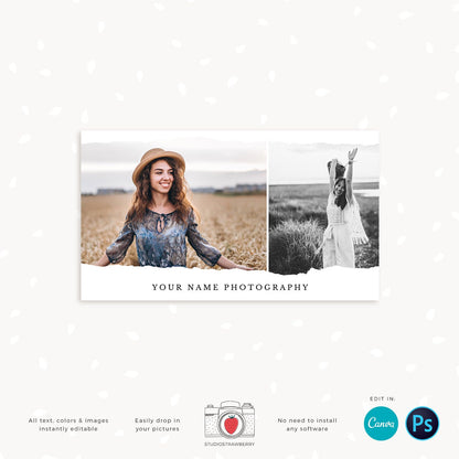 Photography Business Card Template, Torn Edges Business Card, Canva, Photoshop, Photo Business Cards, Social Contact, Photography Marketing