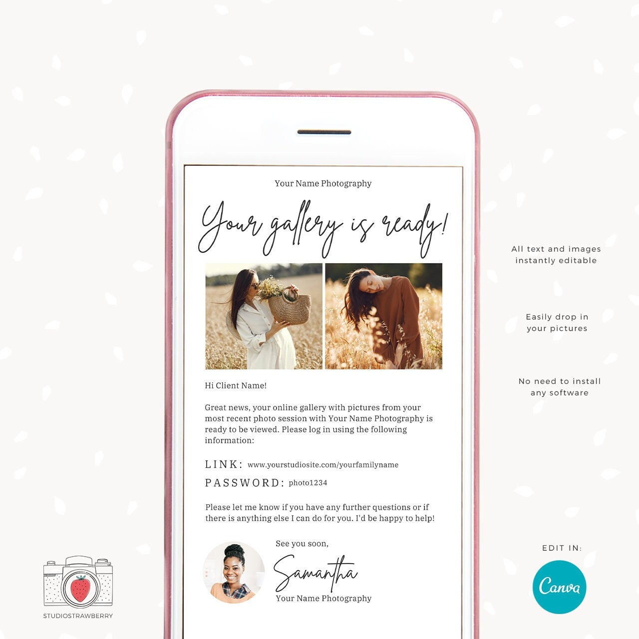 Gallery ready email template for photographers, Gallery email photographers, Canva, Email Newsletter Template, After the photo session email