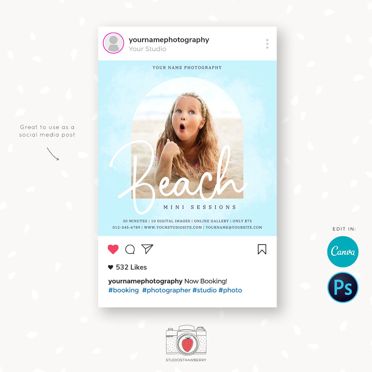 Beach Mini Sessions Template, Canva, Photoshop, Beach mini session template, Beach minis, Beach photo sessions, Summer sessions, Editable