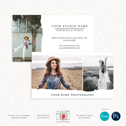 Photography Business Card Template, Torn Edges Business Card, Canva, Photoshop, Photo Business Cards, Social Contact, Photography Marketing