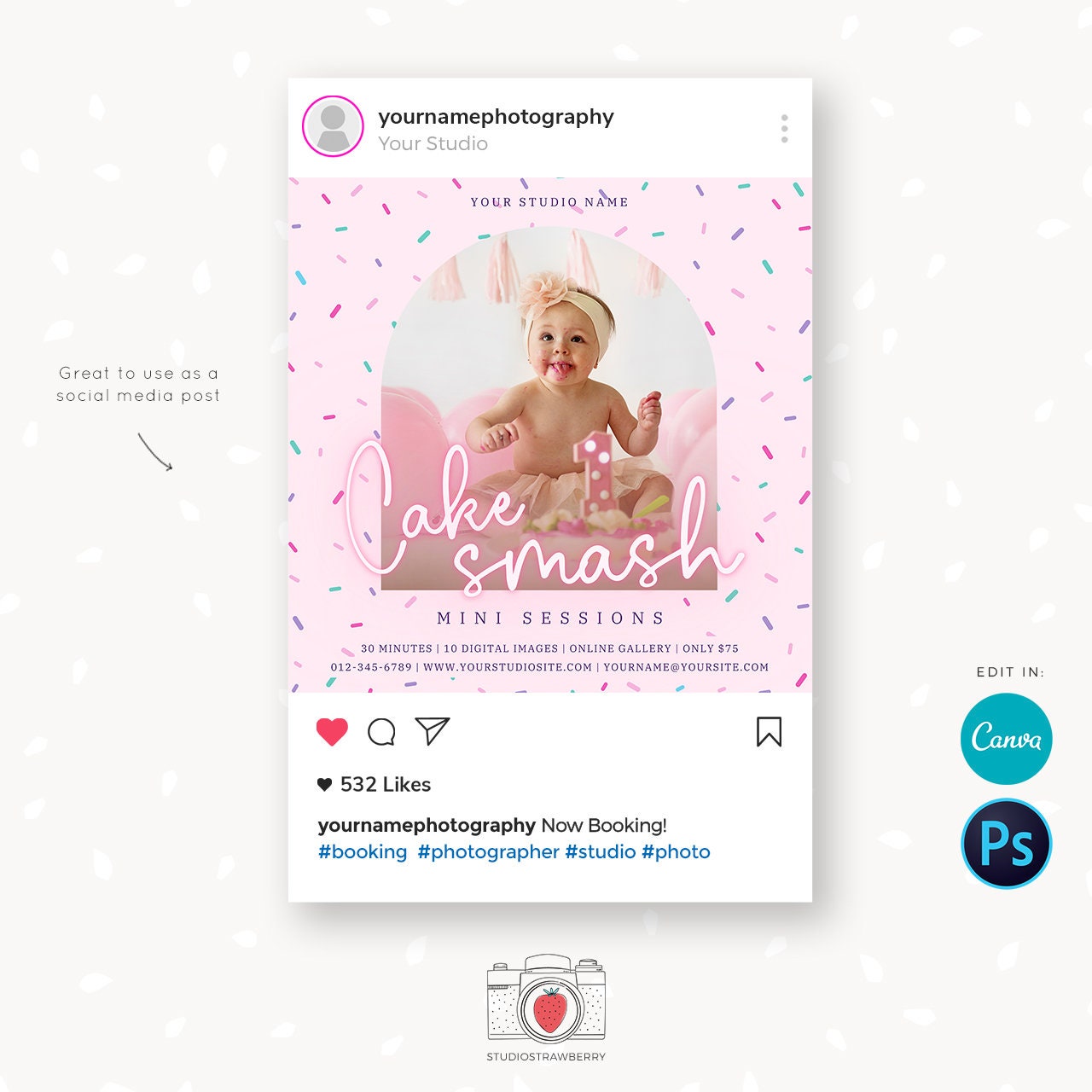 Cake Smash Mini Sessions Template, Canva, Photoshop, Cake smash mini session template, Cake Smash Mini Sessions, First Birthday, marketing