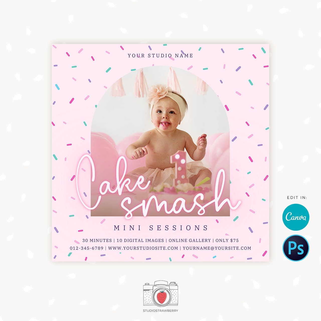 Cake Smash Mini Sessions Template, Canva, Photoshop, Cake smash mini session template, Cake Smash Mini Sessions, First Birthday, marketing