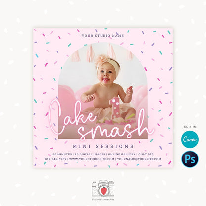 Cake Smash Mini Sessions Template, Canva, Photoshop, Cake smash mini session template, Cake Smash Mini Sessions, First Birthday, marketing