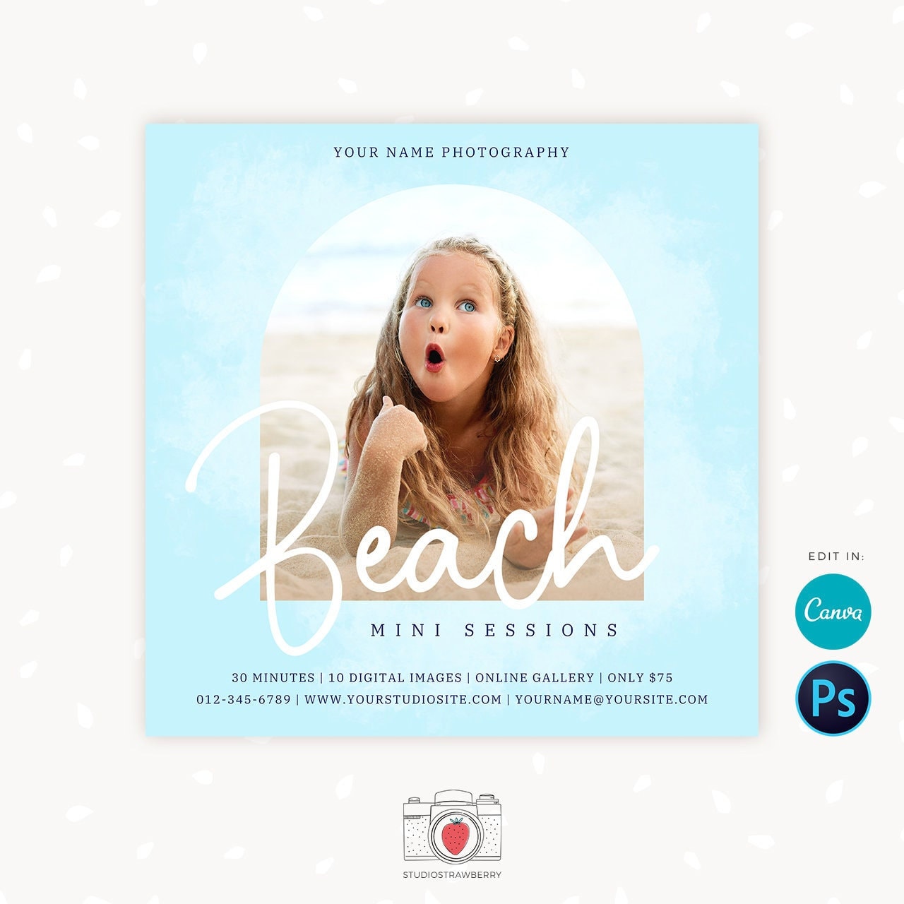 Beach Mini Sessions Template, Canva, Photoshop, Beach mini session template, Beach minis, Beach photo sessions, Summer sessions, Editable