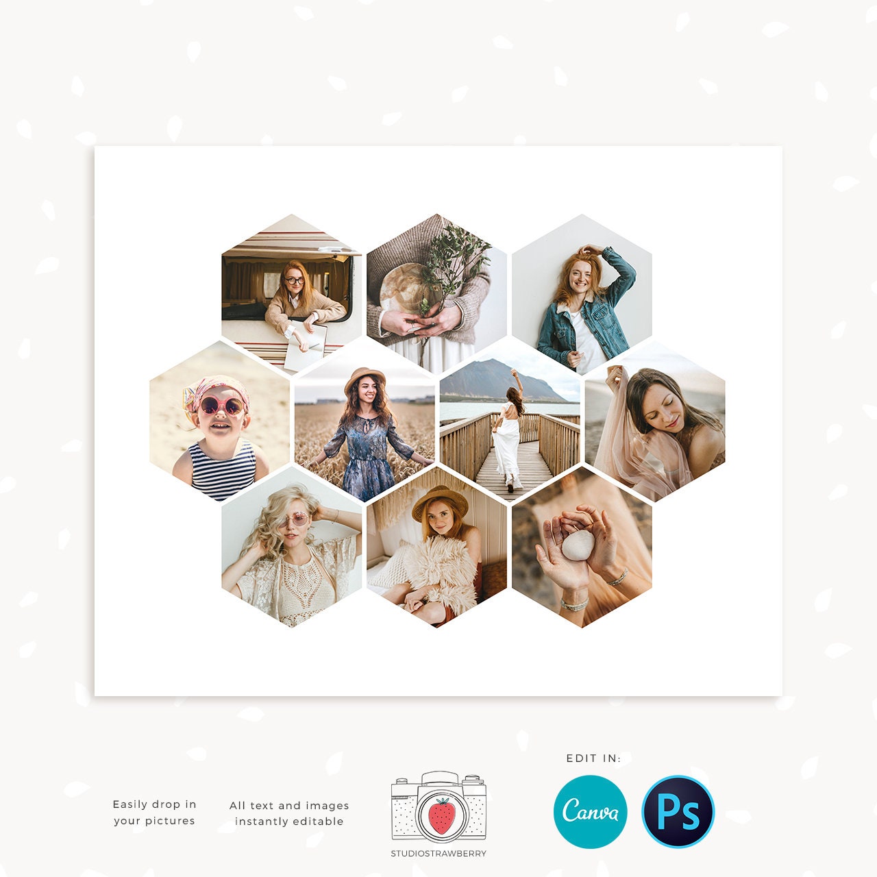 Honeycomb collage template, Canva, 8x10 Honeycomb photo collage template, Hexagon shape photo collage, Hexagon collage, 10 pictures collage