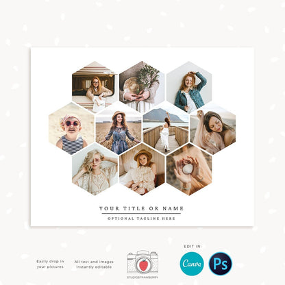 Honeycomb collage template, Canva, 8x10 Honeycomb photo collage template, Hexagon shape photo collage, Hexagon collage, 10 pictures collage