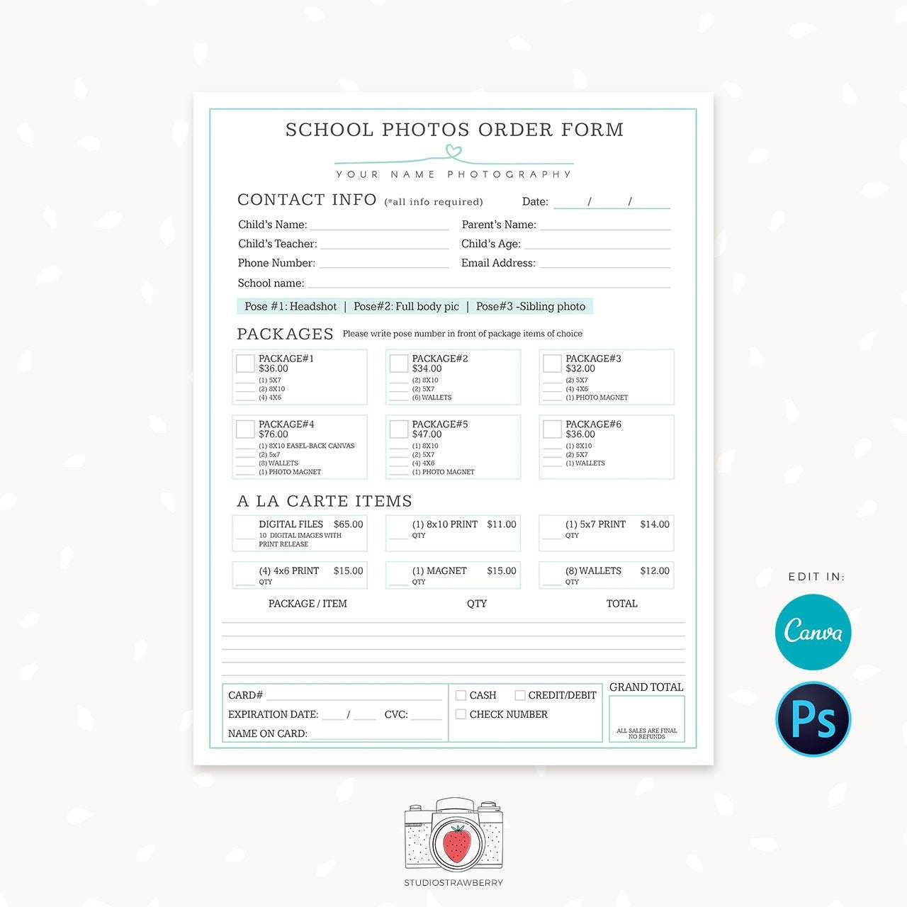 School photography order form, Photography Forms, School Photographer Form, School Photography, Packages, A la carte, Canva, Photoshop