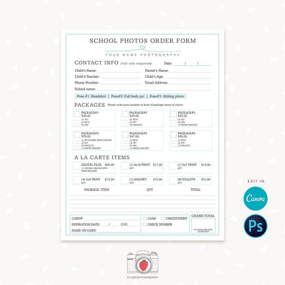School photography order form, Photography Forms, School Photographer Form, School Photography, Packages, A la carte, Canva, Photoshop