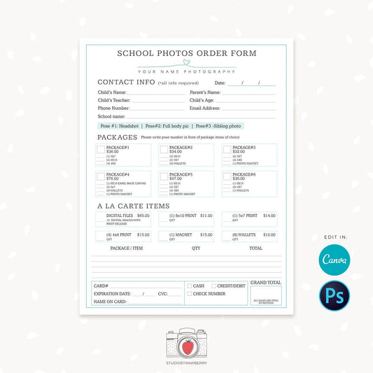 School photography order form, Photography Forms, School Photographer Form, School Photography, Packages, A la carte, Canva, Photoshop