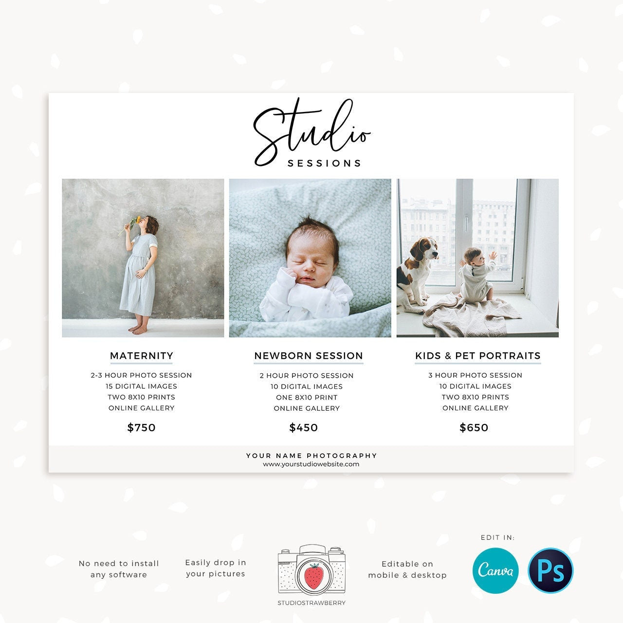 Studio Sessions Price List Template, 5x7 pricing card, Studio Pricing guide, Photographer Packages, Studio packages pricing template