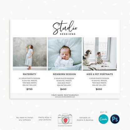 Studio Sessions Price List Template, 5x7 pricing card, Studio Pricing guide, Photographer Packages, Studio packages pricing template
