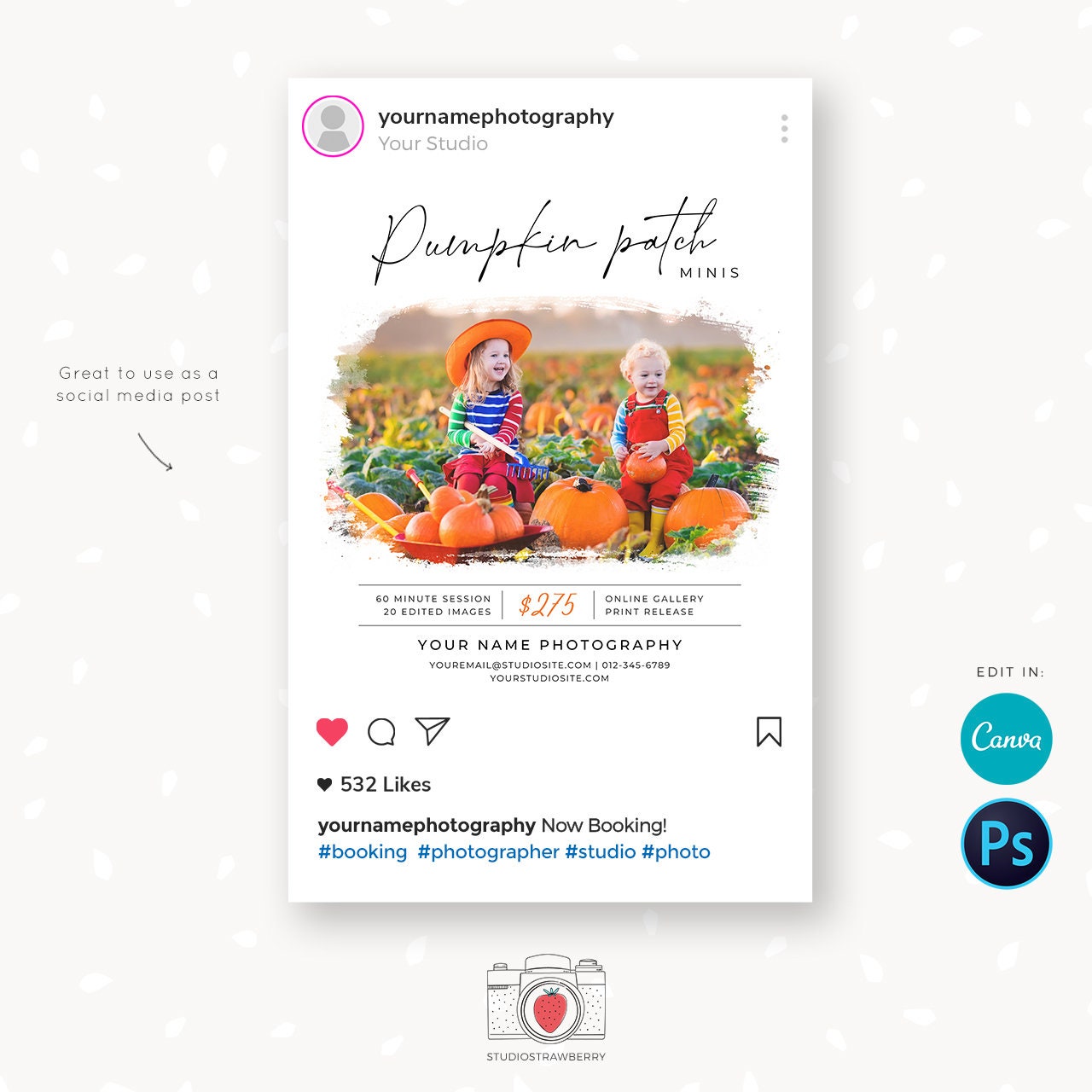 Pumpkin Patch mini sessions template, Canva, Pumpkin mini sessions, Pumpkin stand, Fall Mini Session Template, Photography marketing, Autumn