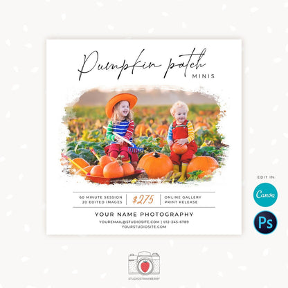 Pumpkin Patch mini sessions template, Canva, Pumpkin mini sessions, Pumpkin stand, Fall Mini Session Template, Photography marketing, Autumn
