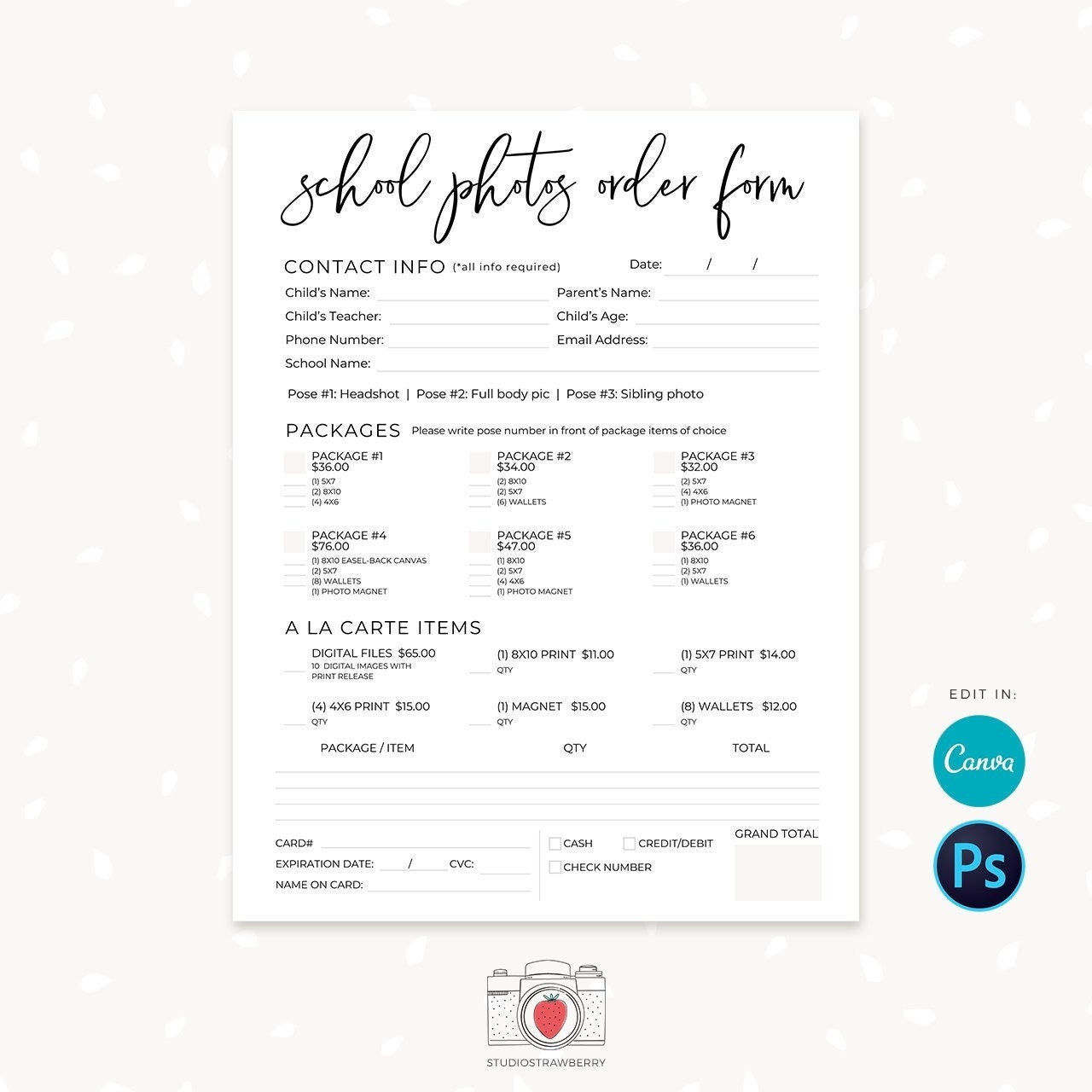 School photography order form, Photography Forms, School Photographer Form, School Photography, Packages, A la carte, Canva, Photoshop, C01
