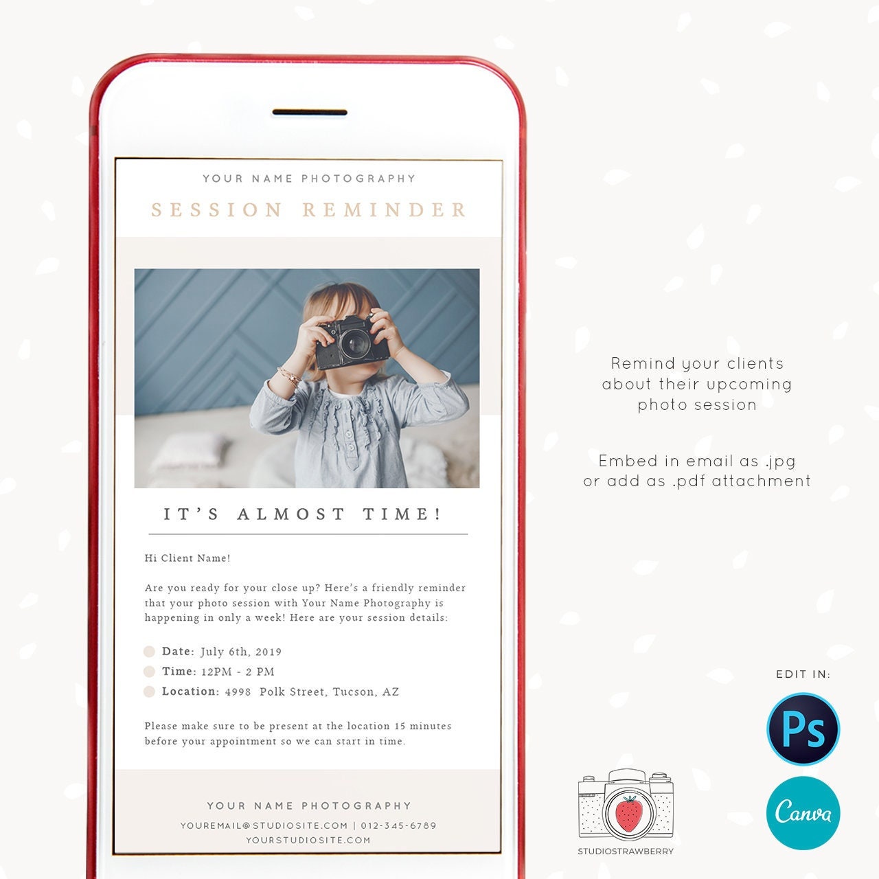 Session reminder email newsletter template for photographers, Canva, Email Newsletter Template, Photoshop, Photo session reminder template